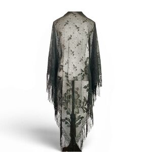 Vintage Black Lace Fringe Shawl Wrap Floral Mesh Boho Stevie Nicks Style 72x48